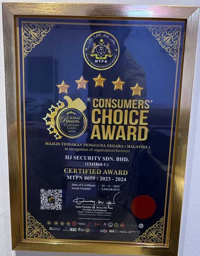 MTPN Consumers’ Choice Award certificate 2023–2024, HJ Security Sdn Bhd