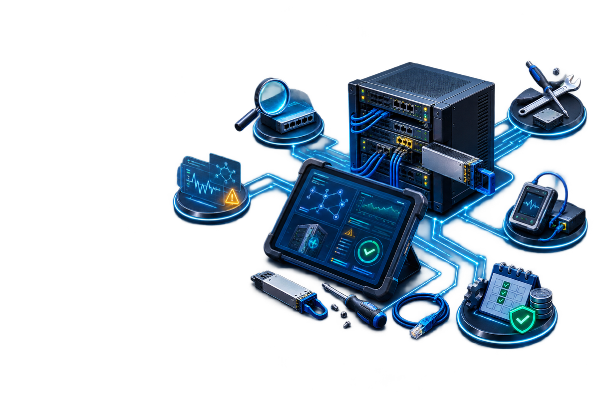 Conceptual HJ installed-system service lifecycle showing inspection, diagnosis, repair, testing and maintenance around network and security equipment.