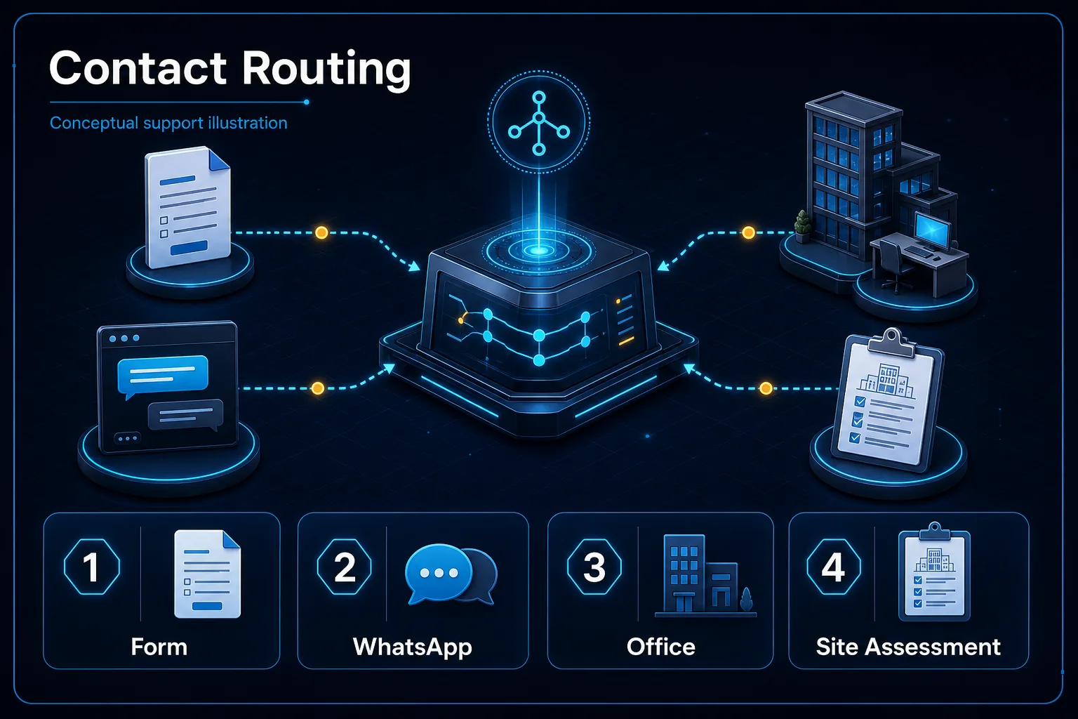 Conceptual contact-routing Canvas showing an enquiry form, WhatsApp, office and site-assessment routes without response-time promises.