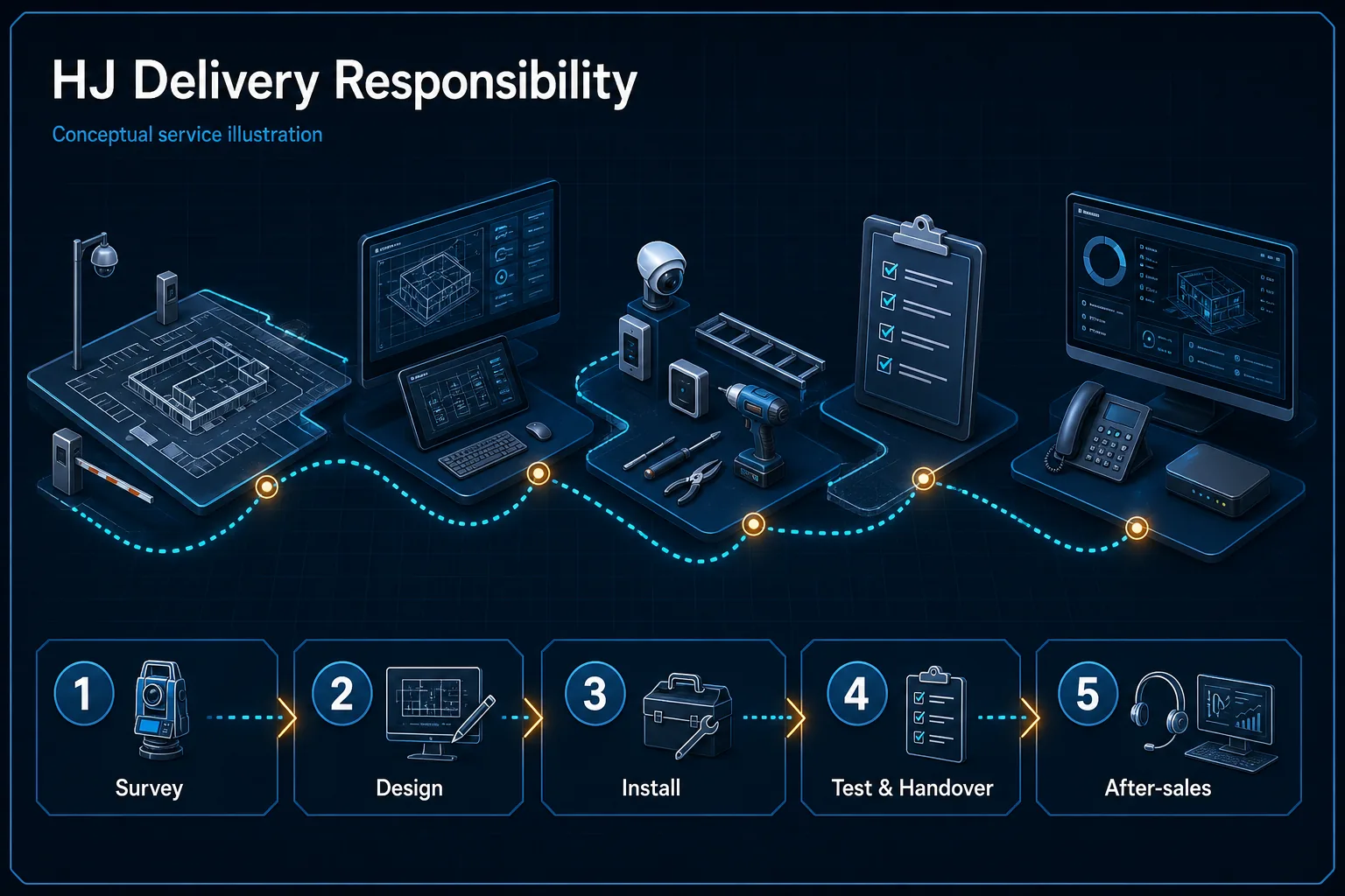 Conceptual HJ delivery-responsibility Canvas showing survey, design, installation, testing, handover and after-sales records without staff photographs or accreditation claims.