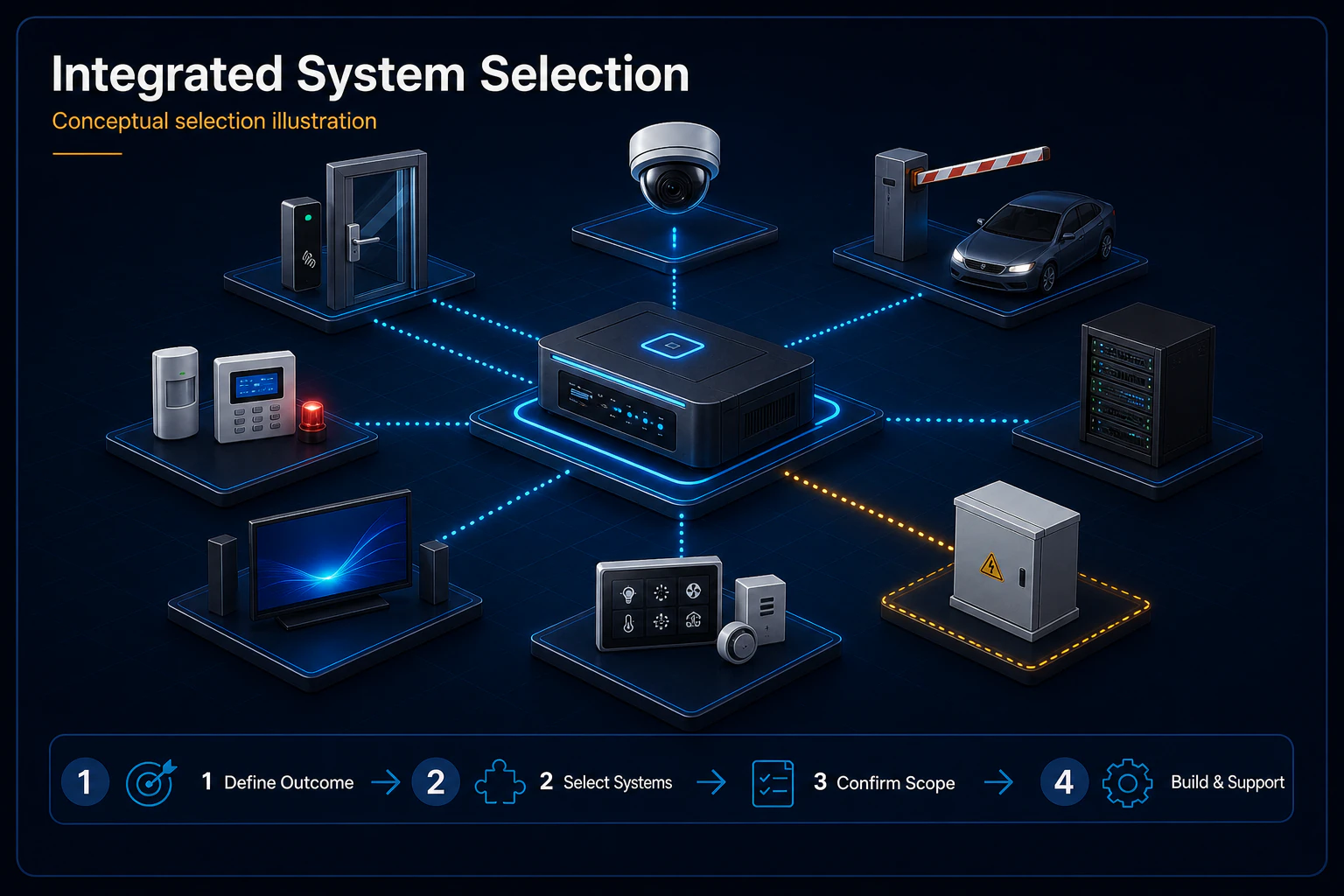 Conceptual Product Master Canvas showing a requirement moving through system-family selection, approved scope and coordinated delivery.