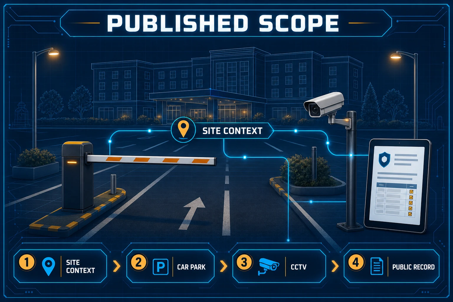 Conceptual public-scope Canvas showing a generic hospitality parking context, car park system, CCTV and a public record without depicting the customer or real site.