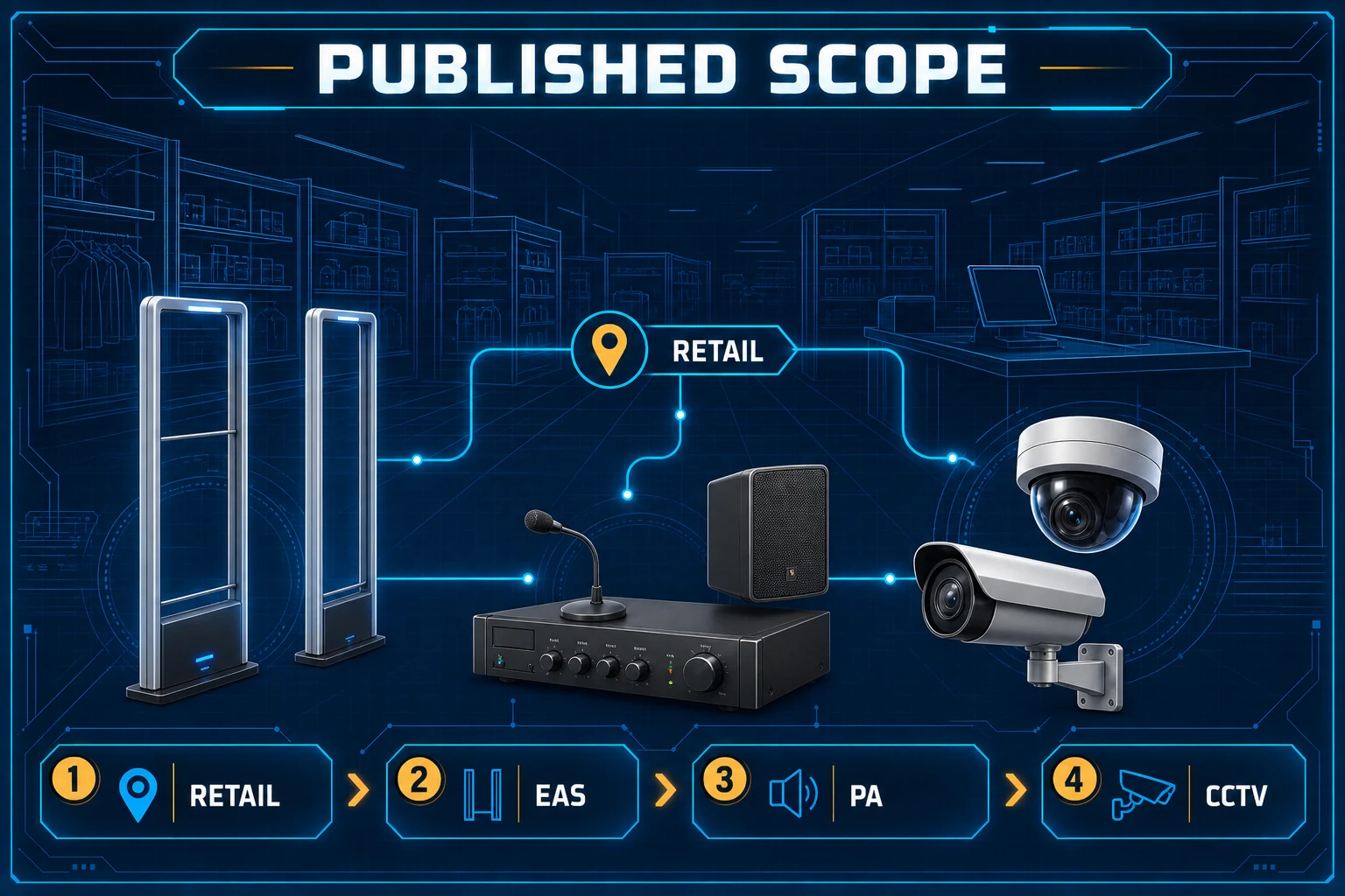 Conceptual public-scope Canvas showing a generic retail context, electronic article surveillance, public address and CCTV without depicting the customer or real store.