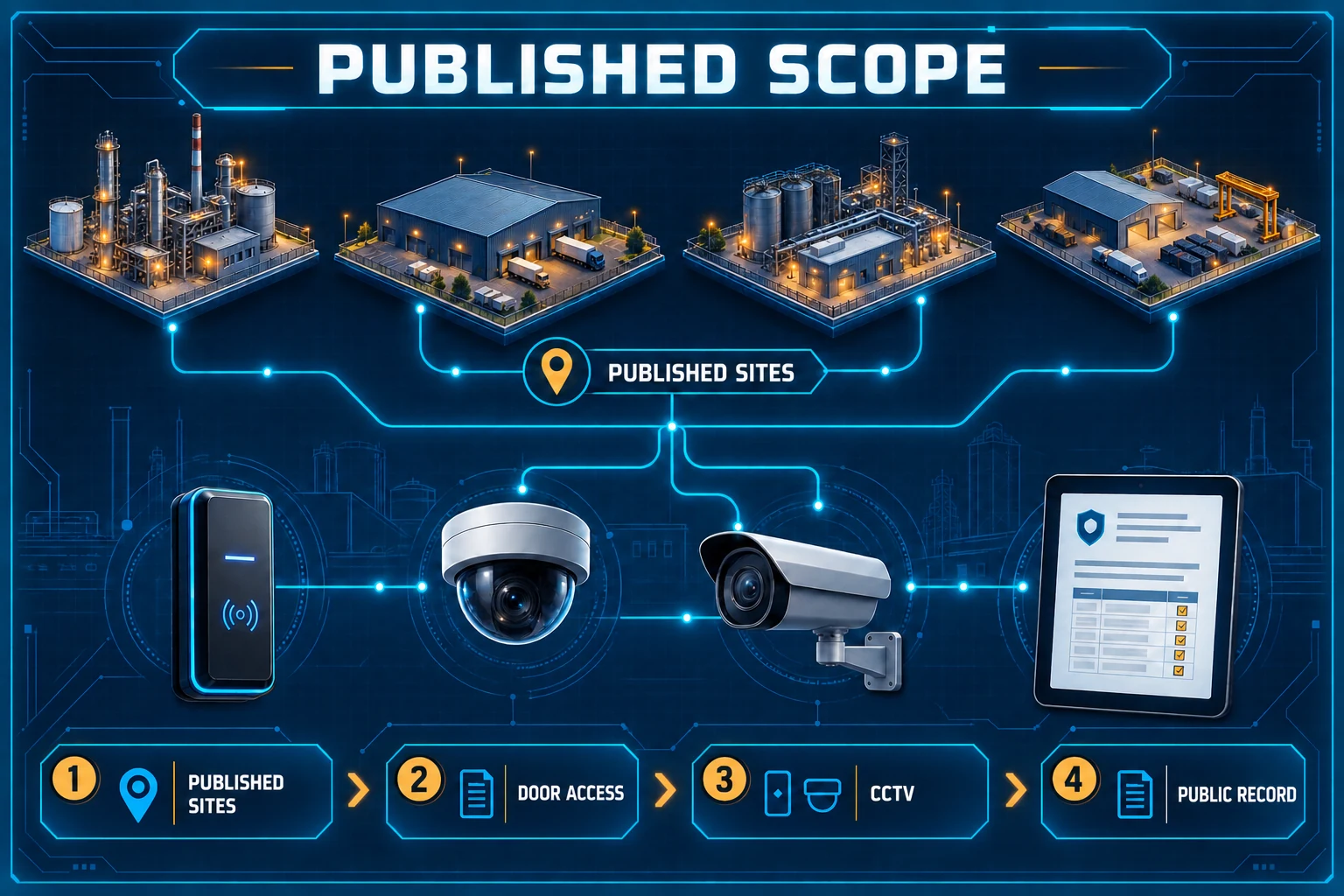 Conceptual public-scope Canvas showing generic multi-site industrial locations, door access, CCTV and a public record without depicting the customer or real sites.