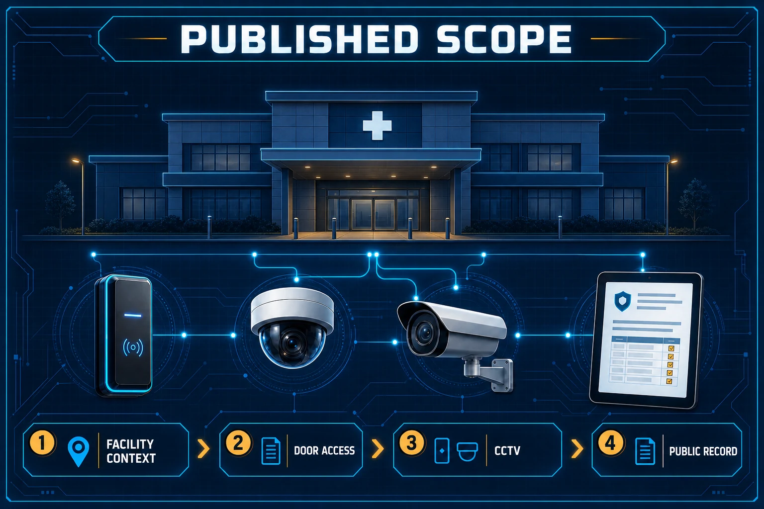 Conceptual public-scope Canvas showing a generic healthcare facility context, door access, CCTV and a public record without depicting the customer, patients or real site.