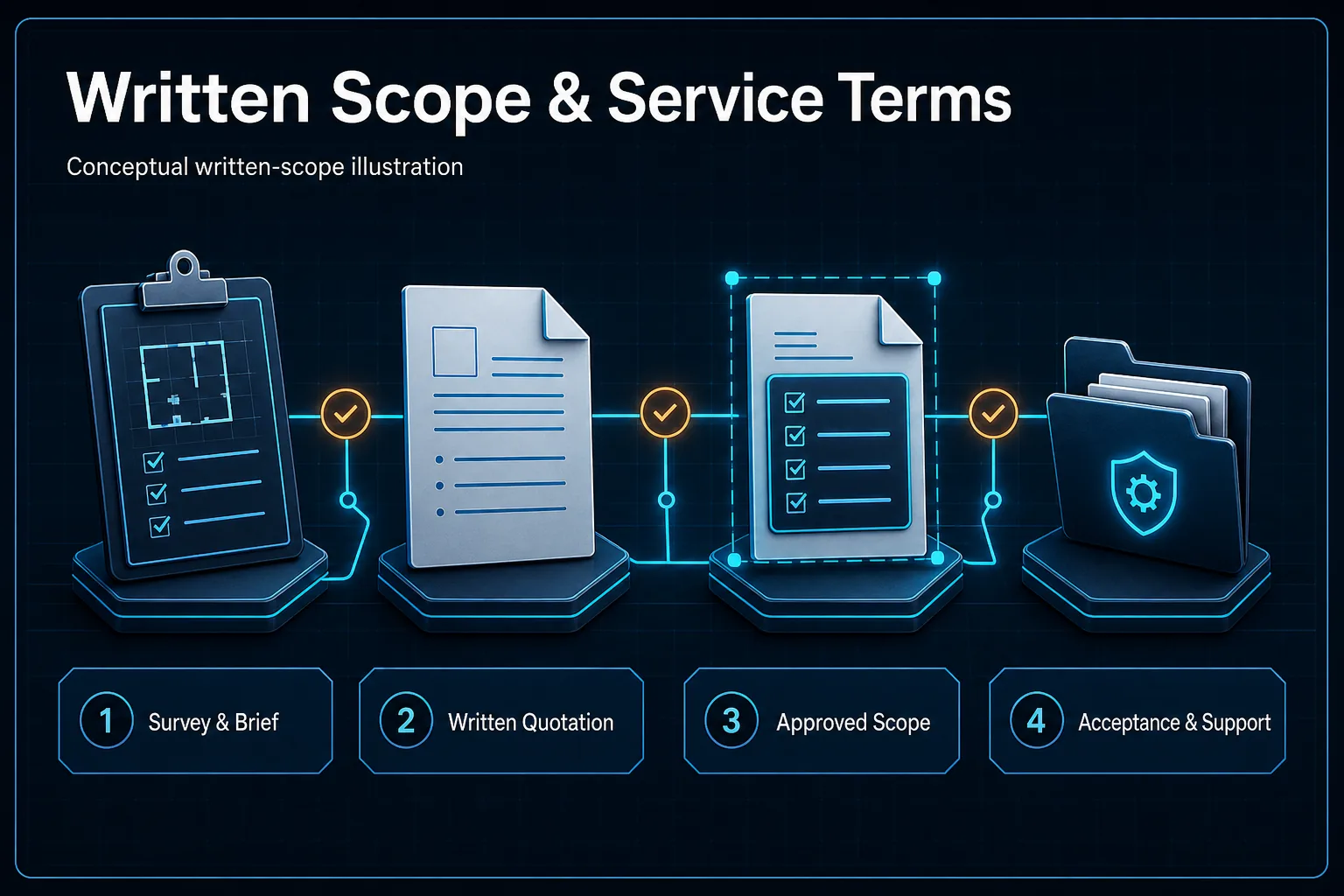 Conceptual written-scope Canvas showing survey and brief, written quotation, approved scope, acceptance and support terms.