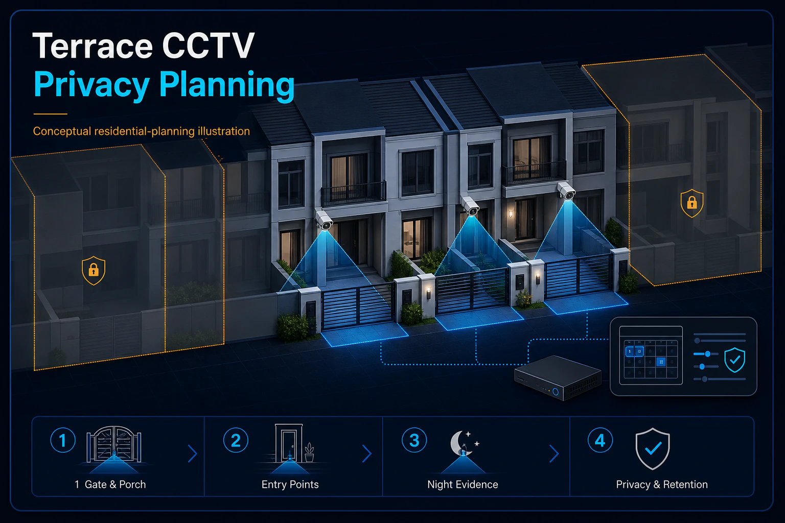 Conceptual terrace-house CCTV planning Canvas showing generic gate, porch and entry scenes with privacy and retention boundaries and no identifiable person.