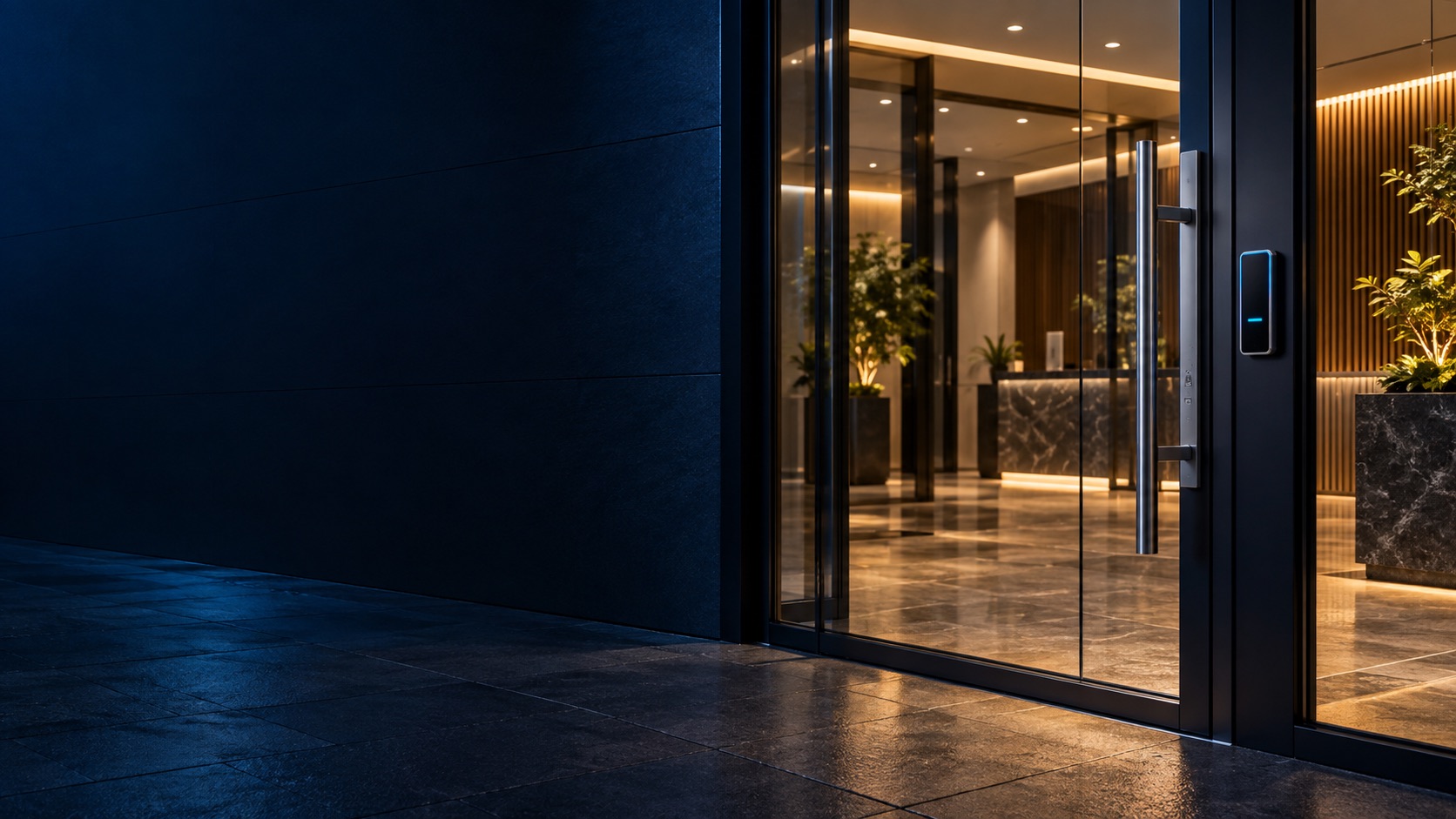 Conceptual access-control scene; not a specific branded model or a completed HJ customer-site photograph.