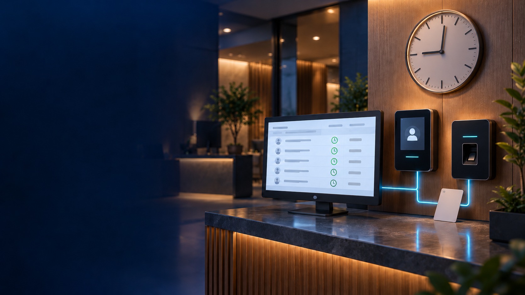 Employee clocking terminals, anonymous attendance ledger and wall clock (illustration)