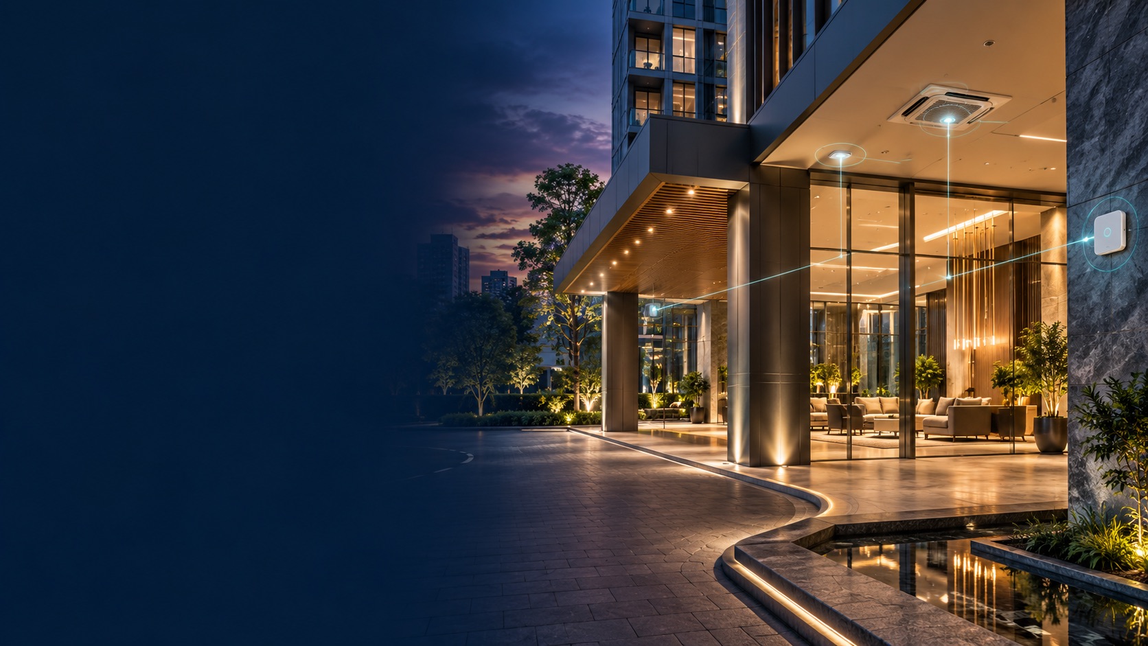 Modern building and landscaped entrance used to illustrate building automation (illustration)