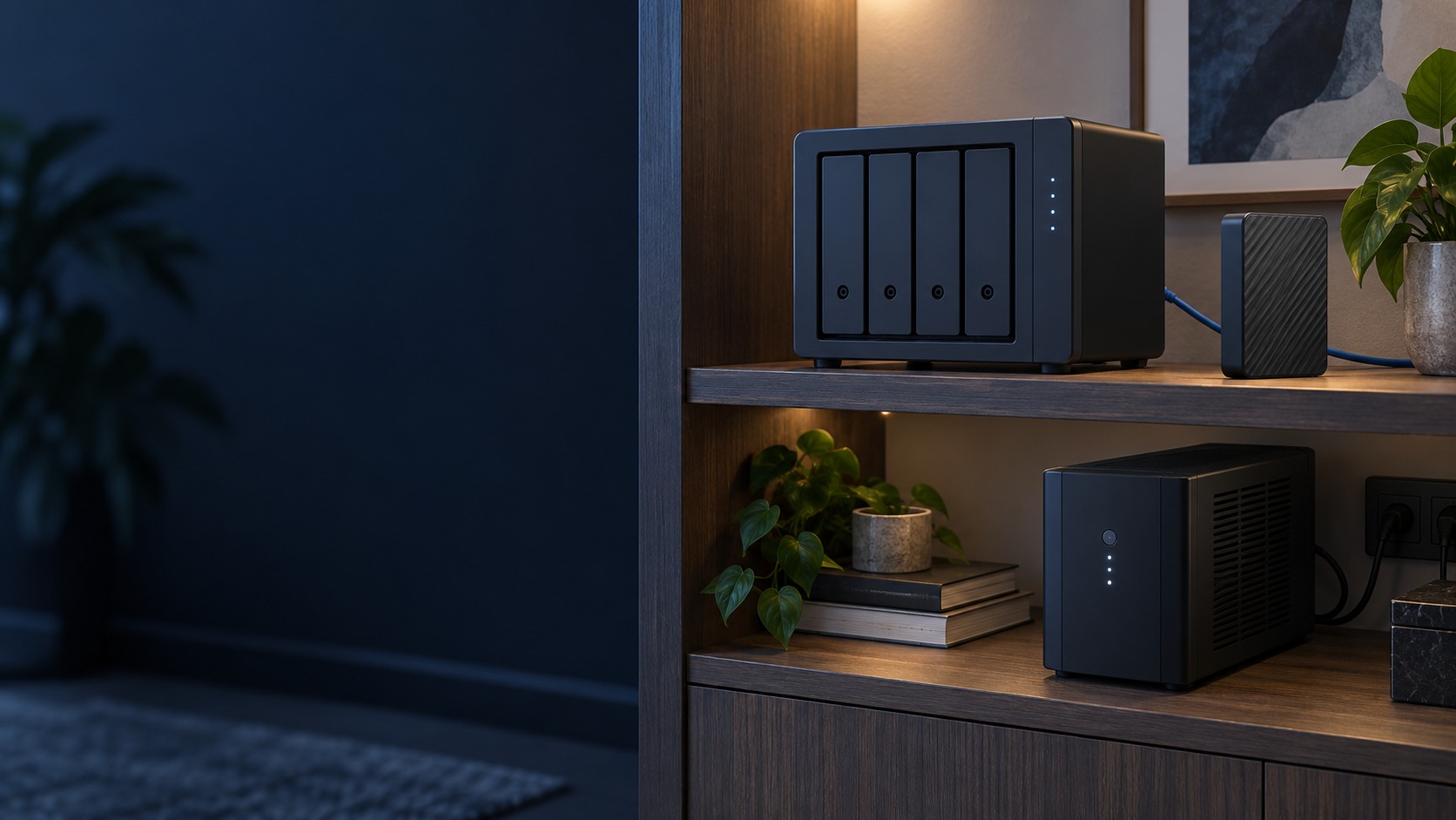 NAS, separate external backup drive and power-protection enclosure (illustration)