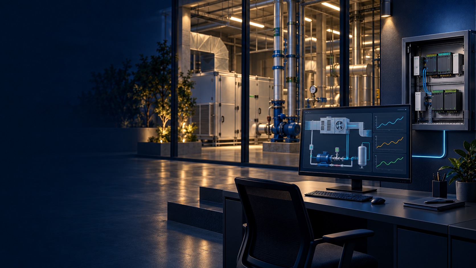 Commercial building-management workspace, controllers, plant equipment and schematic display (illustration)