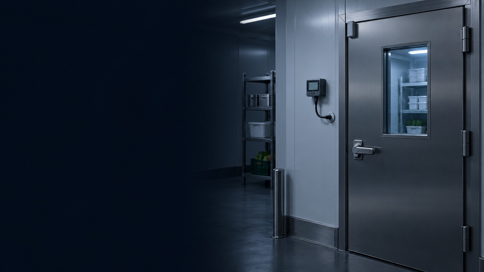 Insulated cold-room door with temperature logger, wired probe and door contact (illustration)