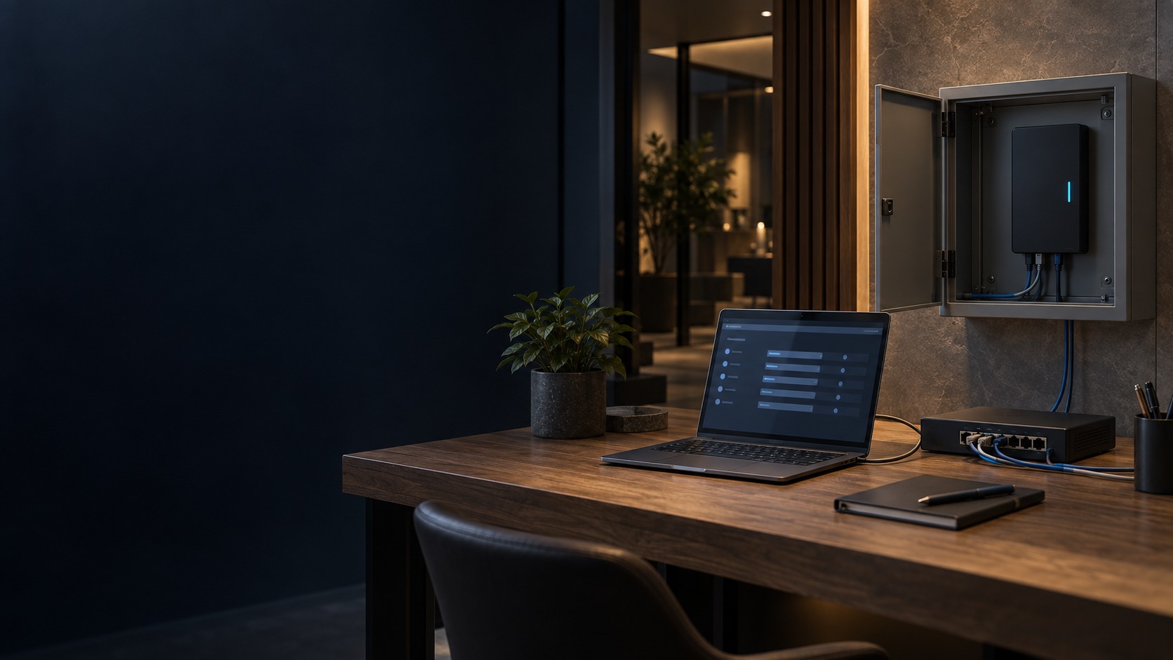 Laptop, network switch and enclosed access controller (illustration)