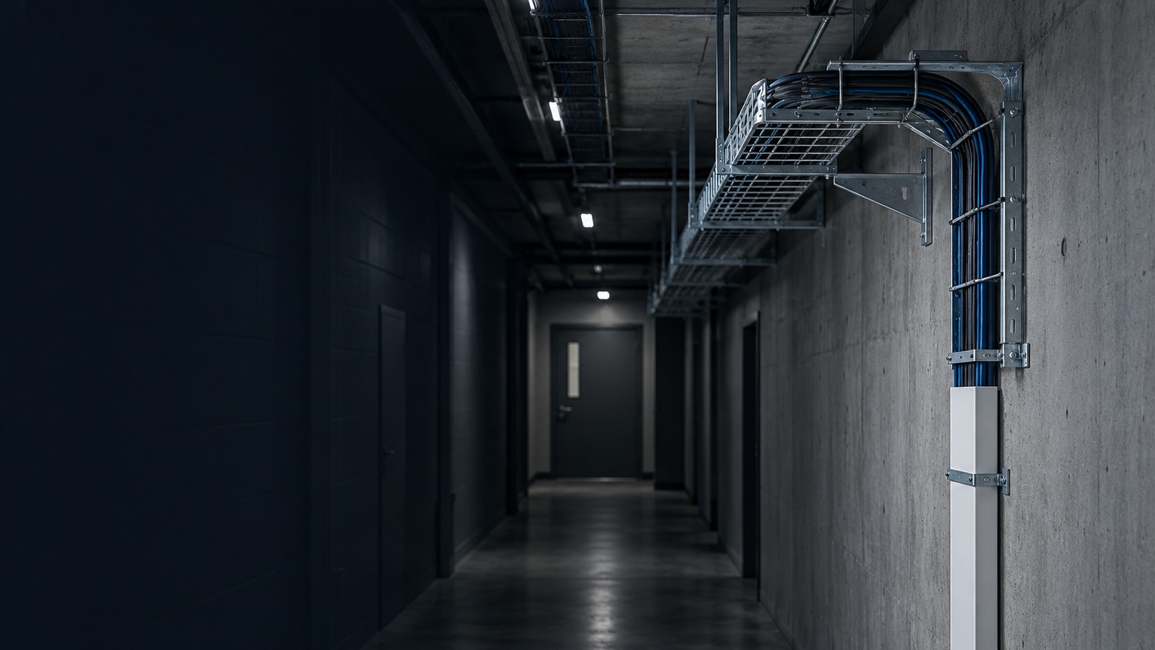 Cable tray, ladder and trunking in a service corridor (illustration)