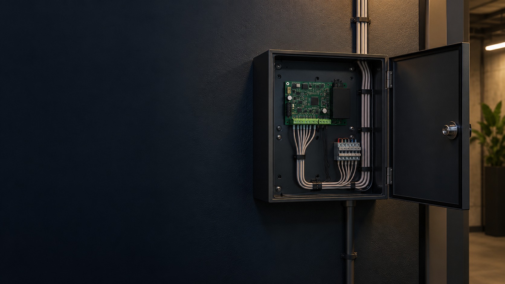 Low-voltage access-control enclosure and signal wiring – Door Access Software & Upgrade in Kuching (illustration)
