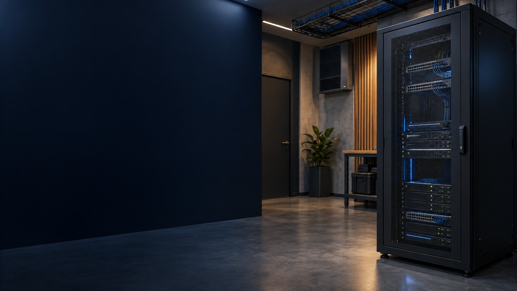 Modest business server-room rack and supported cable tray – Server Room Solution in Kuching & Sarawak (illustration)
