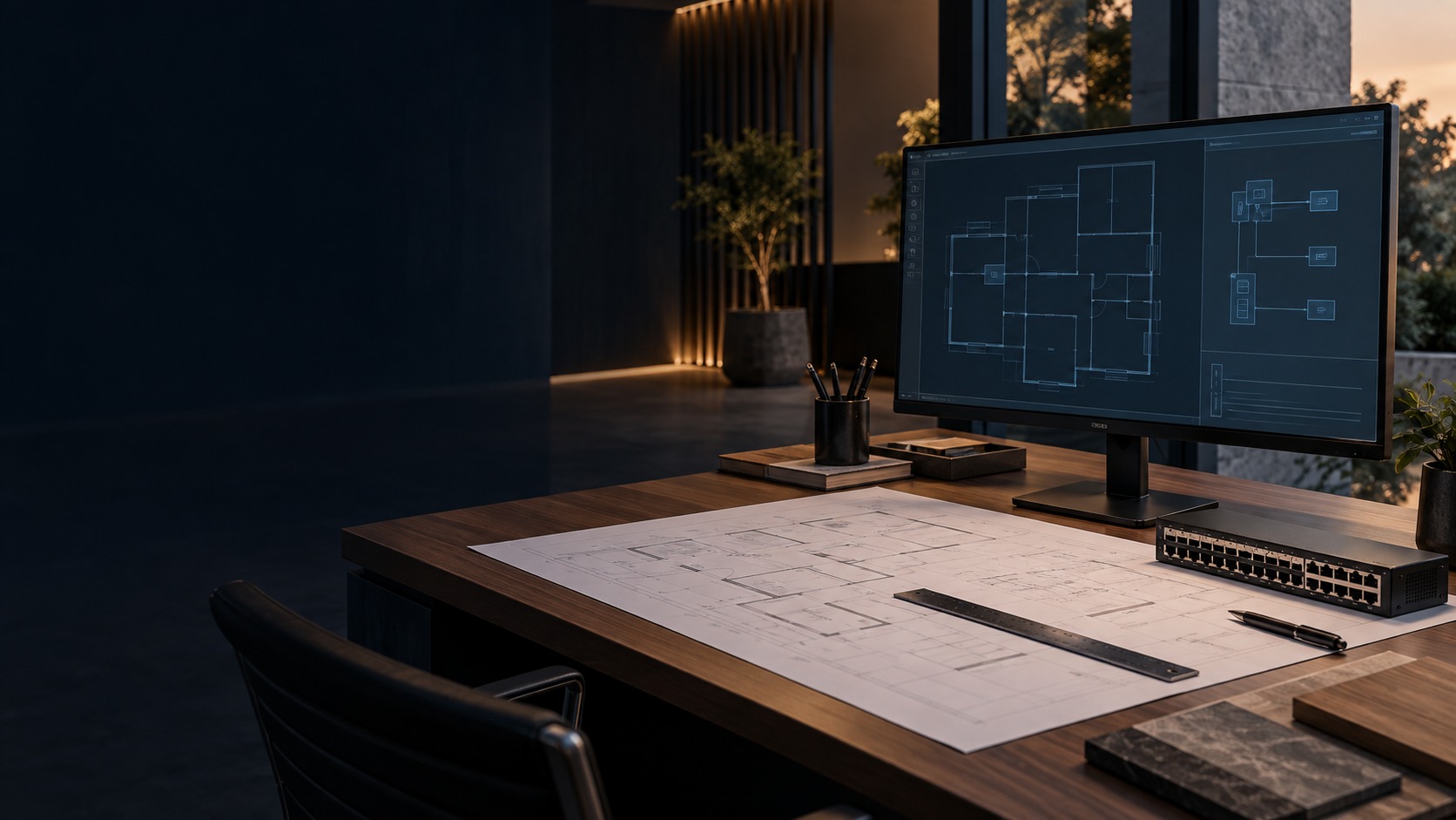System-planning workstation, drawings and patch-panel sample (illustration)