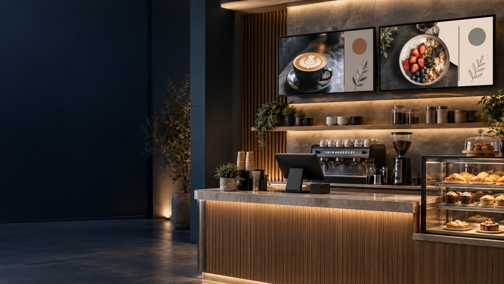 Cafe digital-menu screens without prices – Restaurant Digital Menu in Kuching & Sarawak (illustration)