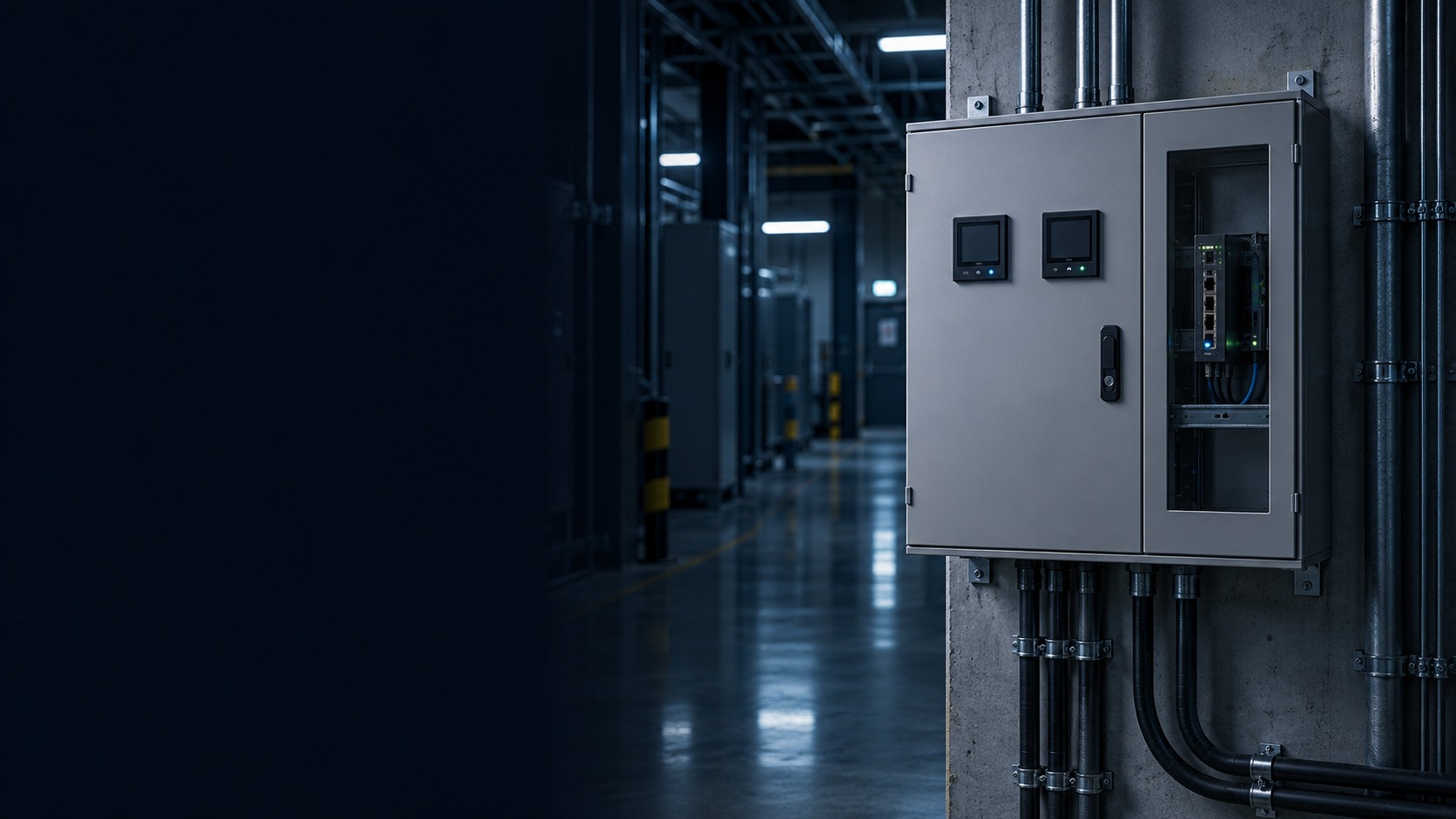 Closed electrical metering cabinet with power meters and monitoring gateway (illustration)