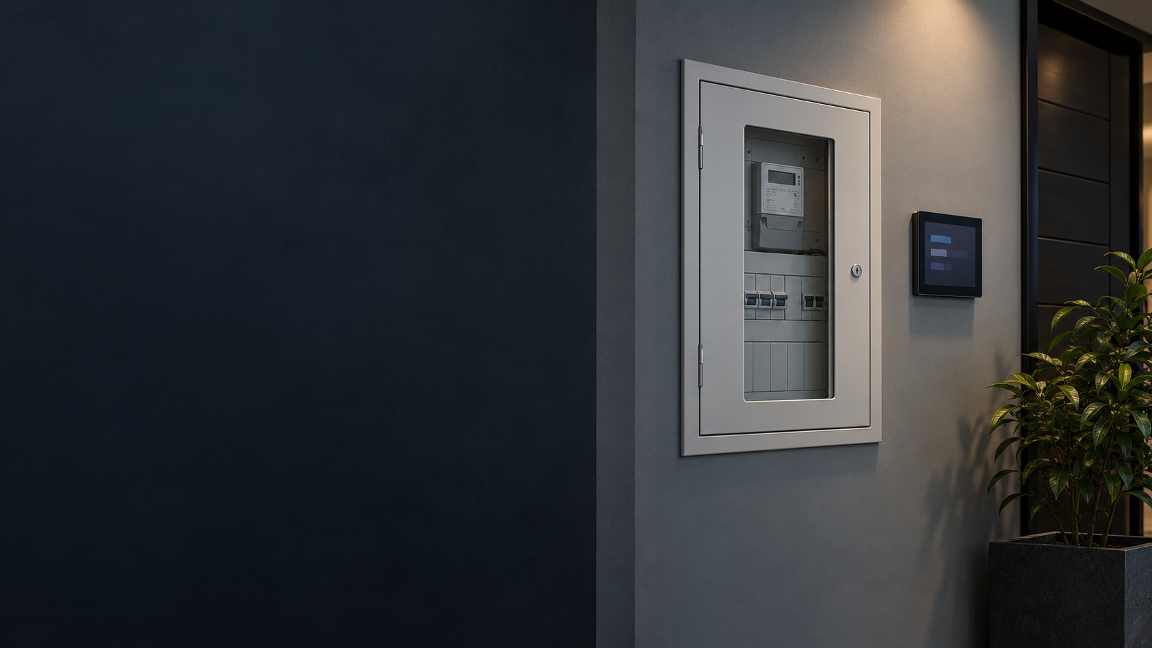 Closed energy-meter cabinet and abstract information screen – Smart Energy Monitoring in Kuching & Sarawak (illustration)
