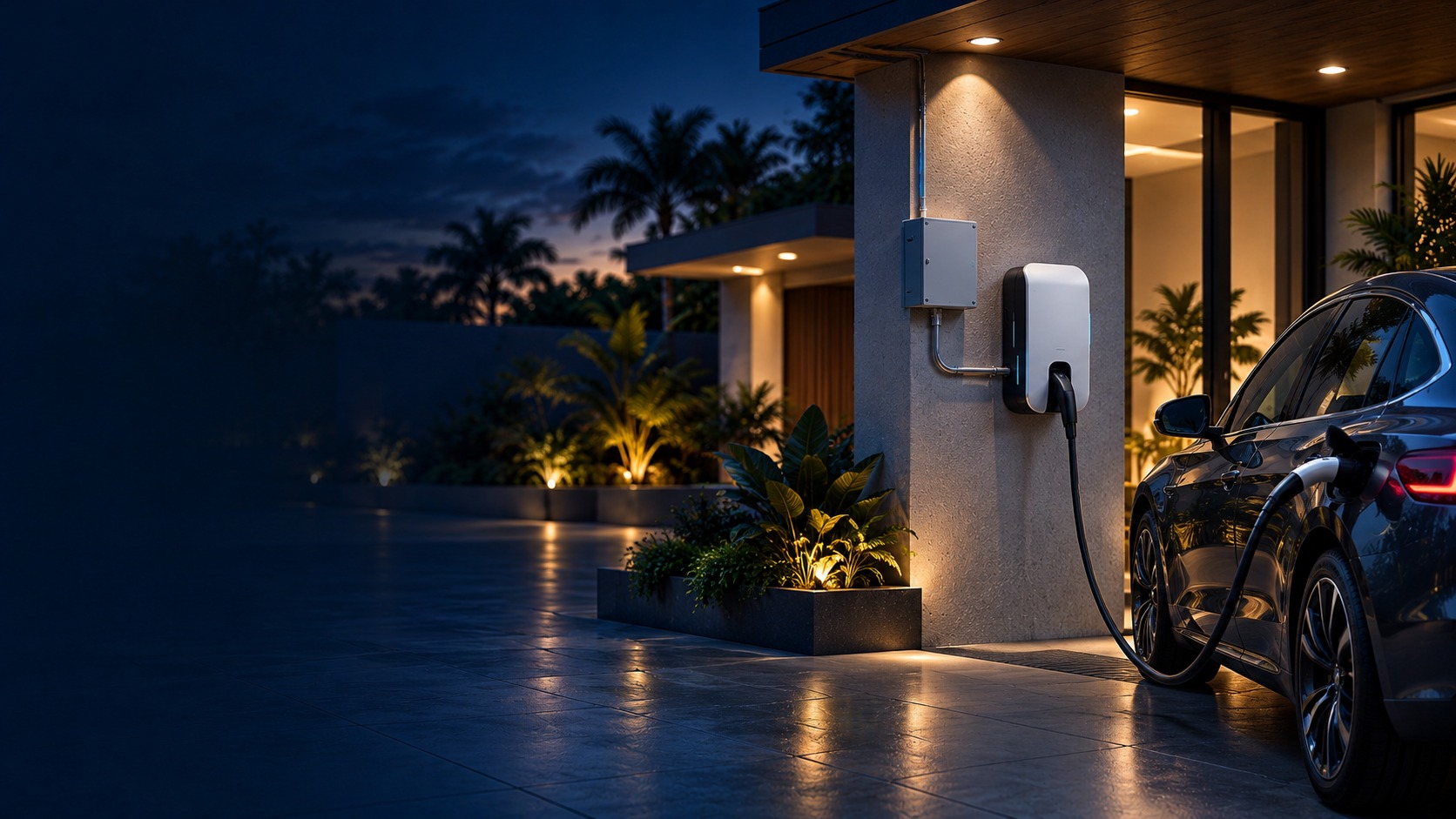 Wall-mounted AC electric-vehicle charger, closed protection enclosure and connected vehicle (illustration)