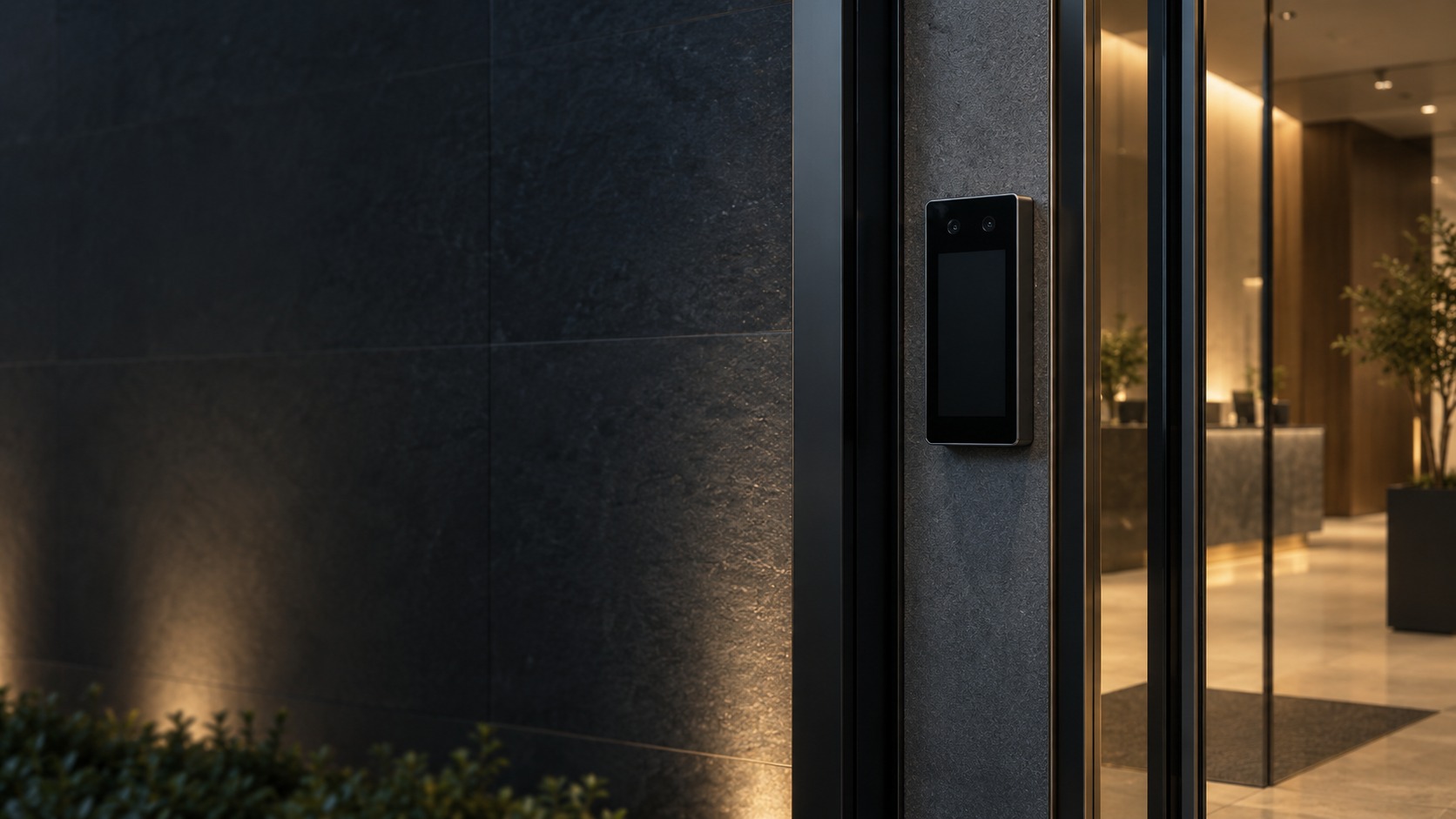 Face access terminal at an office entrance – Door Access + Time Attendance in Kuching & Sarawak (illustration)