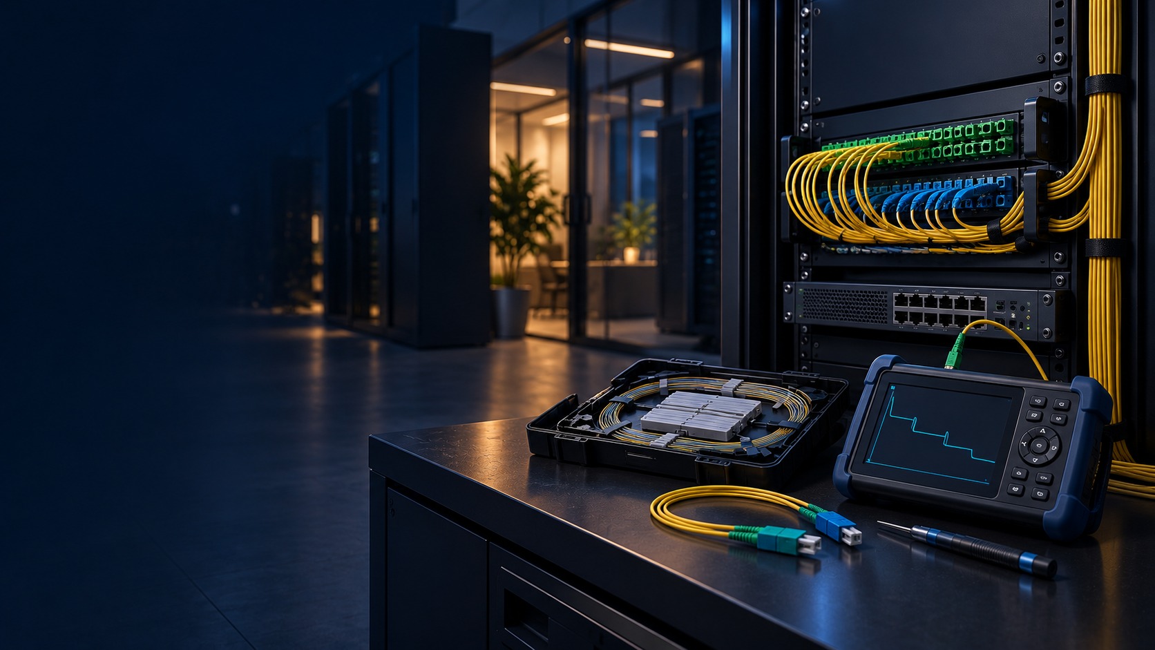 Optical fibre patch panel, splice tray and handheld optical test instrument (illustration)