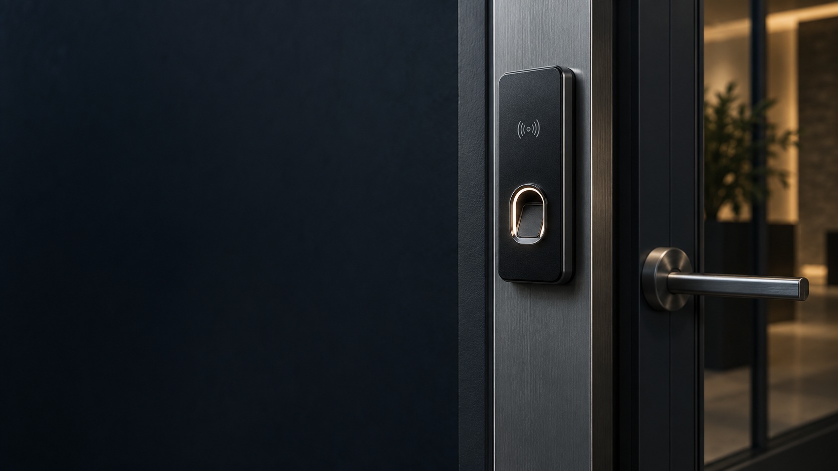 Fingerprint and card reader beside a door – Fingerprint Access in Kuching & Sarawak (illustration)