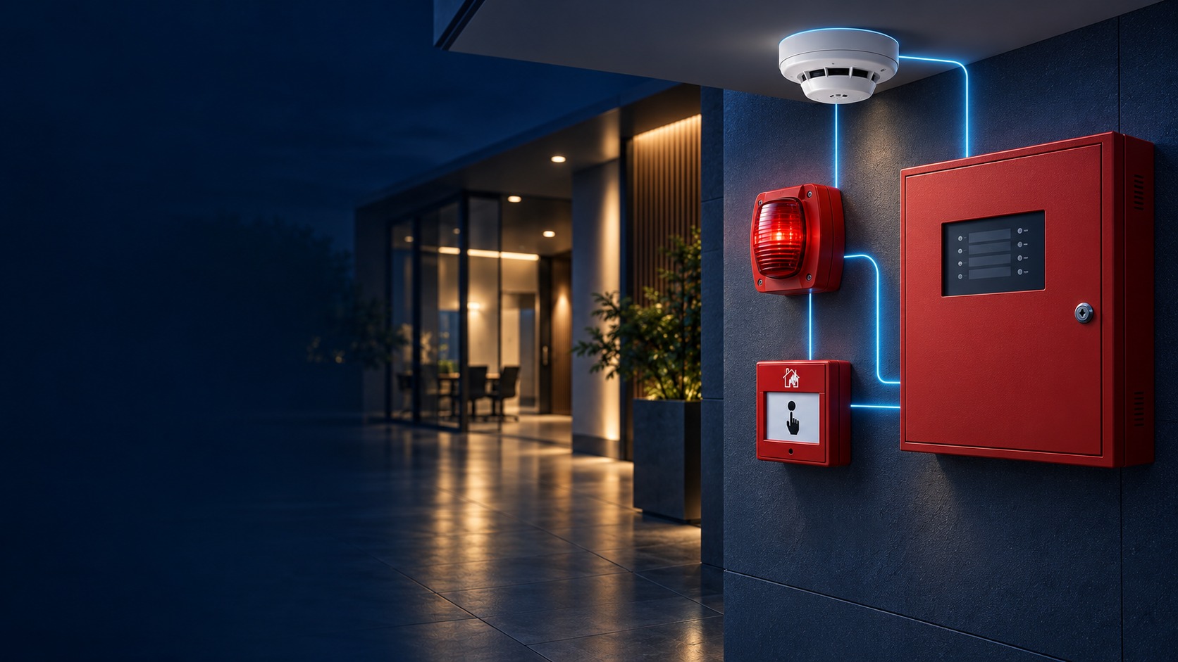 Fire-alarm panel, ceiling detector, manual call point and notification device in a commercial corridor (illustration)