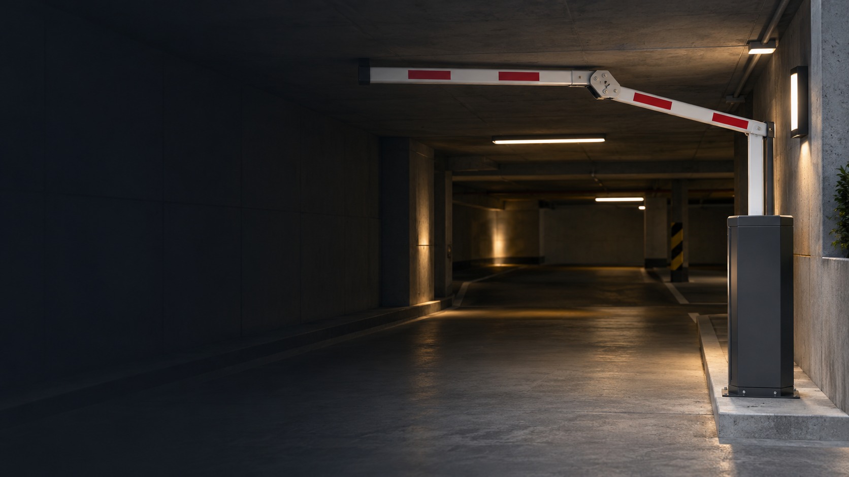 Articulated folding barrier arm below a basement ceiling (illustration)