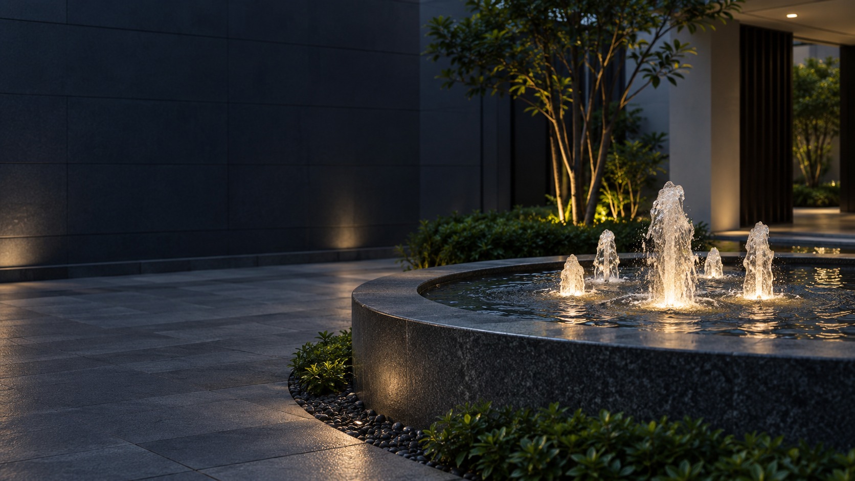 Water-feature basin with short illuminated jets – Fountain Maintenance in Kuching (illustration)