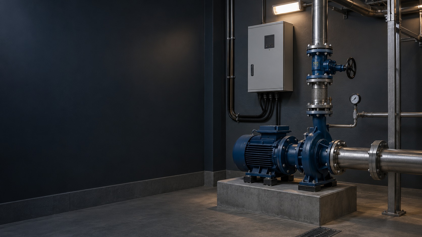Pump, supported piping and closed drive-control enclosure – Fountain Pump / Nozzle / VFD Service in Kuching (illustration)