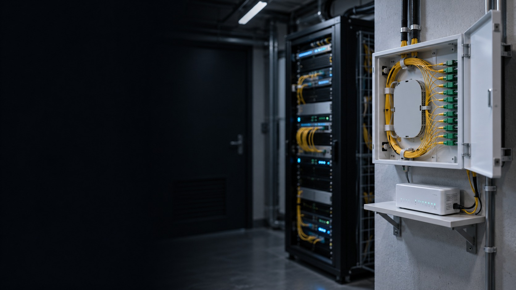 Fiber distribution enclosure, ONT and head-end rack – OLT / ONU / ONT in Kuching & Sarawak (illustration)