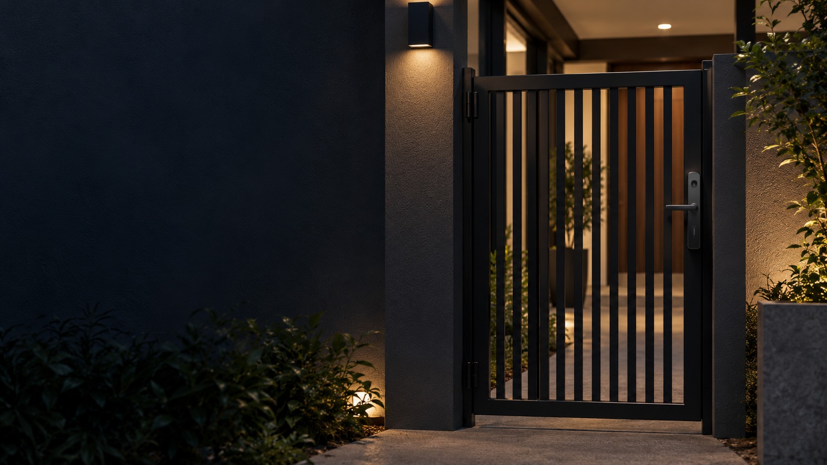 Digital lock on a covered pedestrian metal gate – Smart Gate & Metal Door Lock in Kuching & Sarawak (illustration)