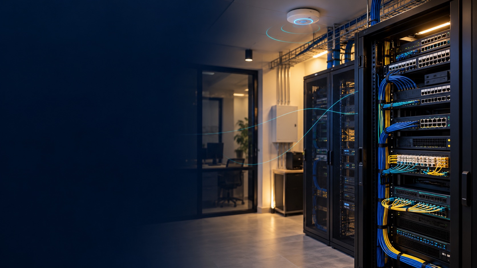 Equipment room with a network rack, patch panels and structured cabling (illustration)