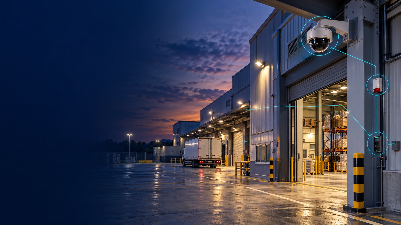 Industrial loading bay with surveillance and access equipment (illustration)