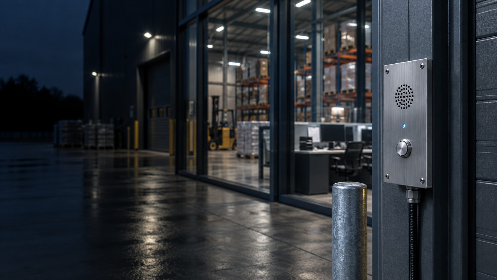 Industrial intercom and warehouse control-room setting (illustration)