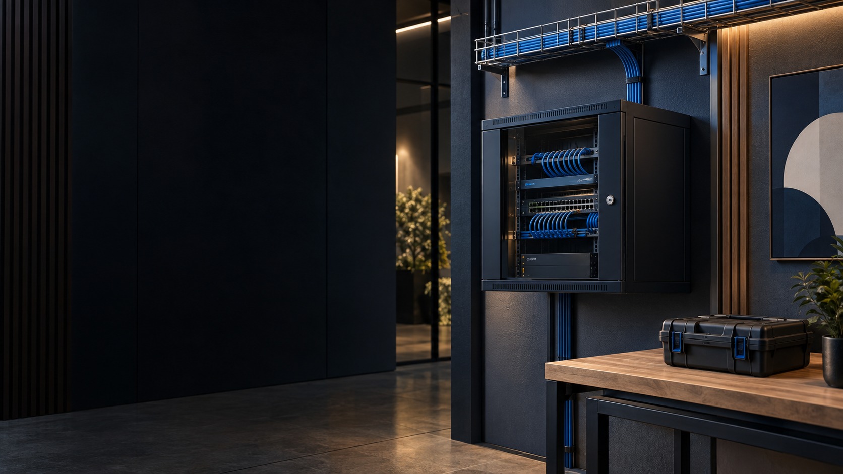 Mounted network cabinet and contained cable routes (illustration)