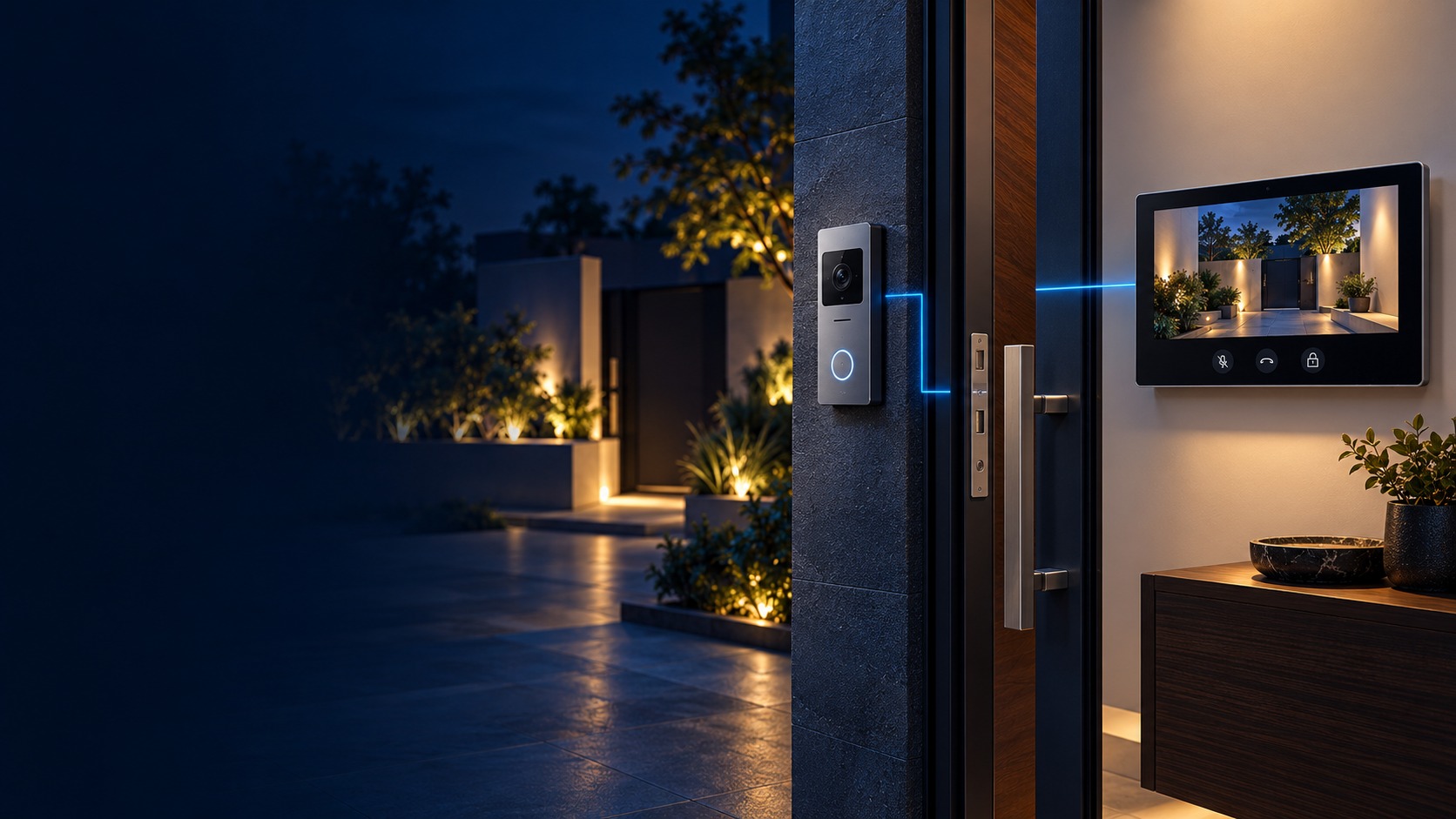 Video-intercom door station, indoor monitor and entrance hardware (illustration)