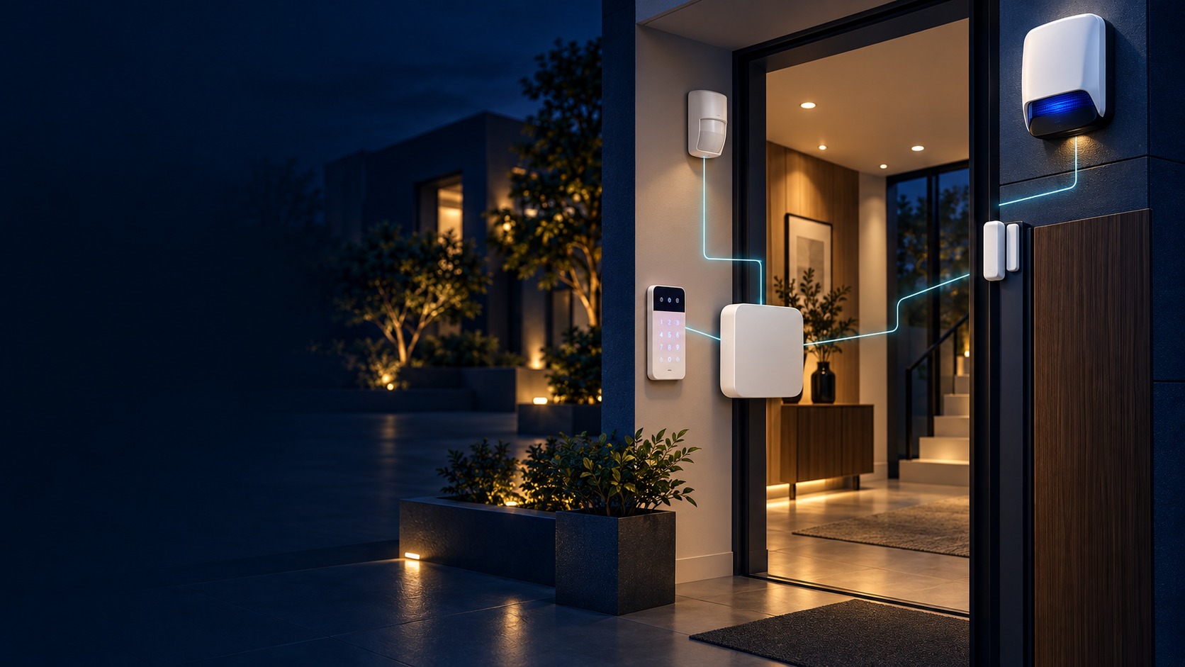 Intrusion-alarm hub, keypad, motion detector, door contact and warning device in a modern entrance (illustration)