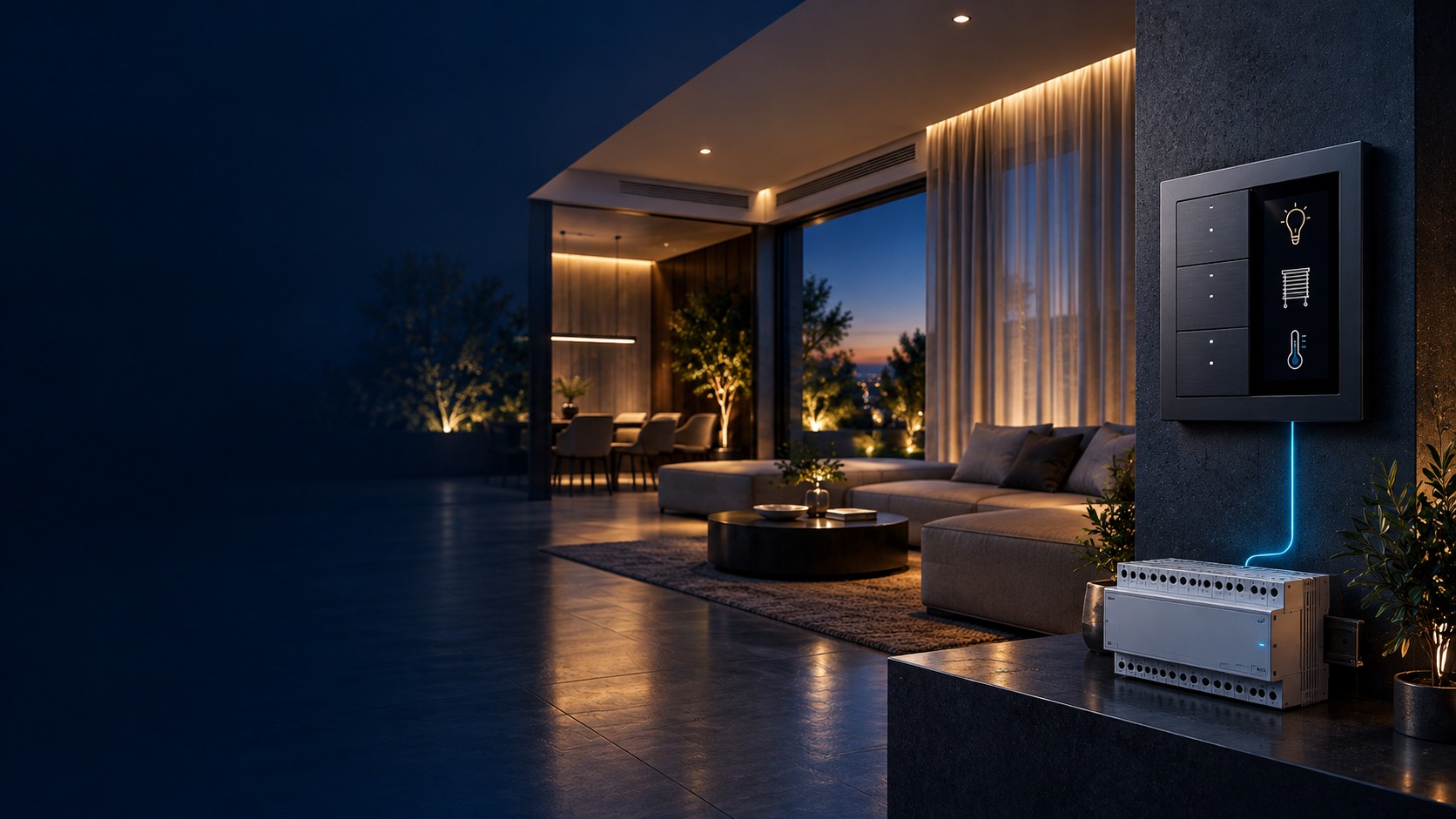 KNX room-control panel, actuator and interior illustrating lighting, blinds and climate control (illustration)