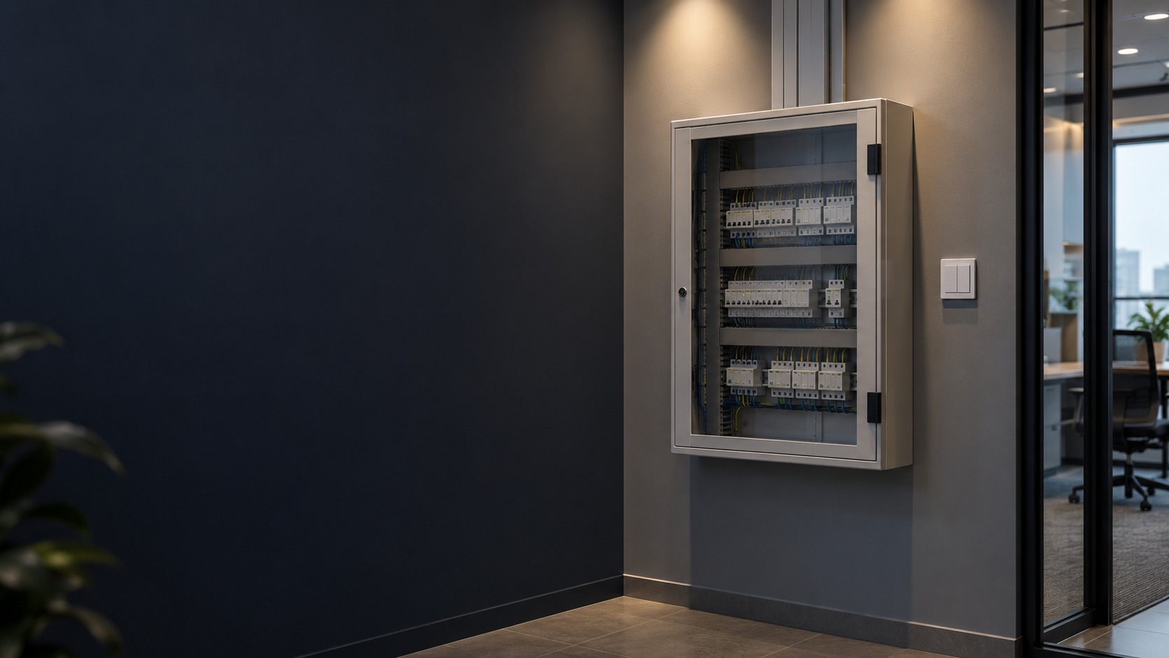 Closed modular building-control cabinet and wall switch (illustration)