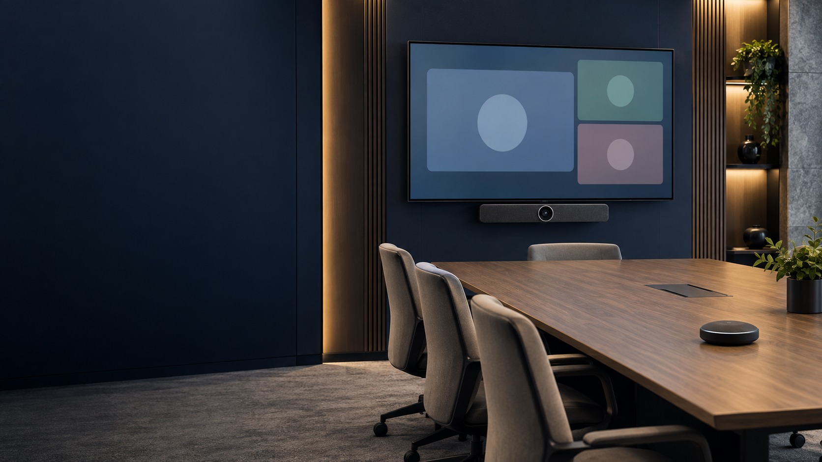 Meeting-room display, video bar and tabletop microphone – AV / Meeting Room Maintenance in Kuching (illustration)