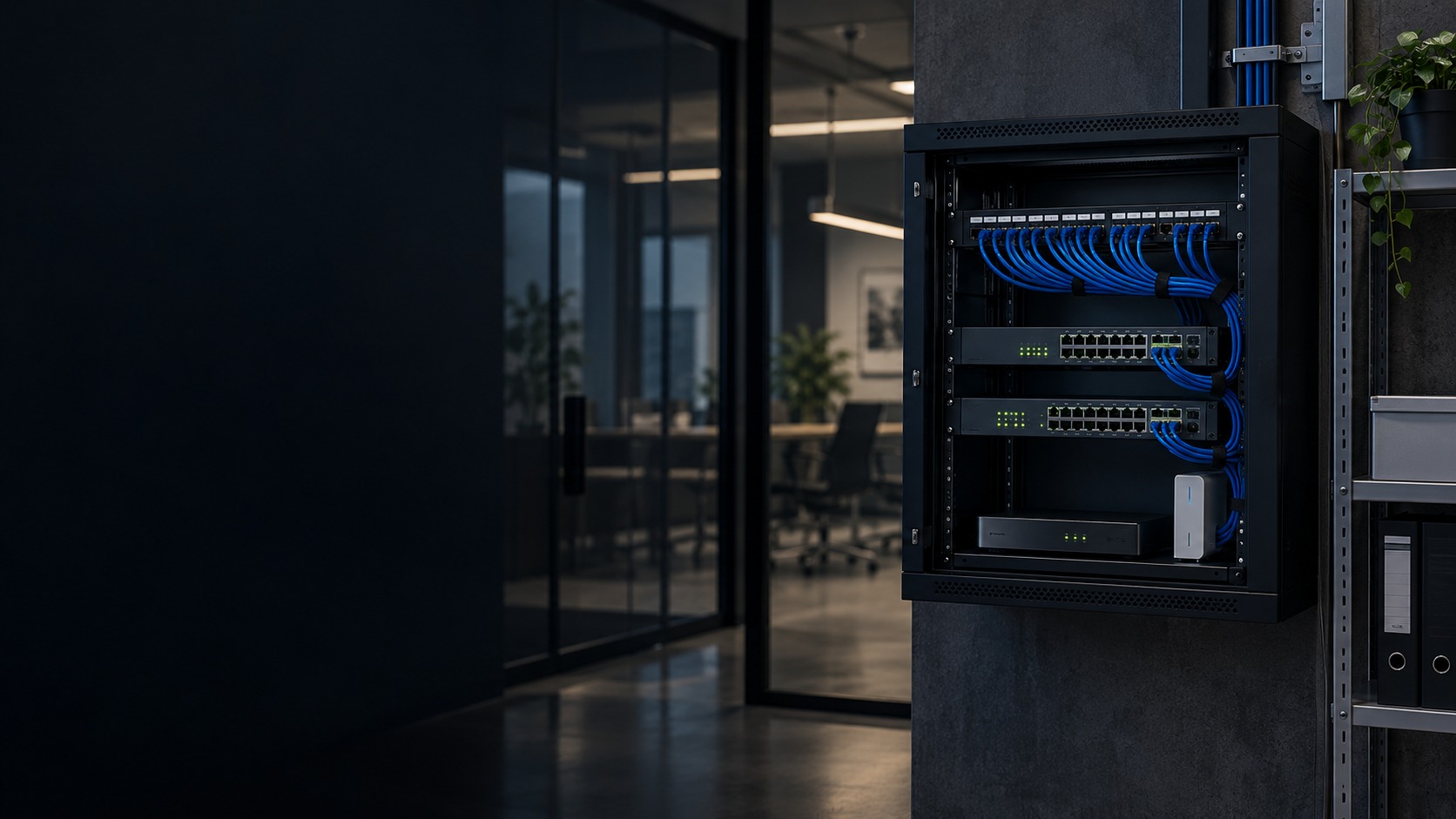 Structured-cabling rack, patch panel, network switches and router in an office (illustration)