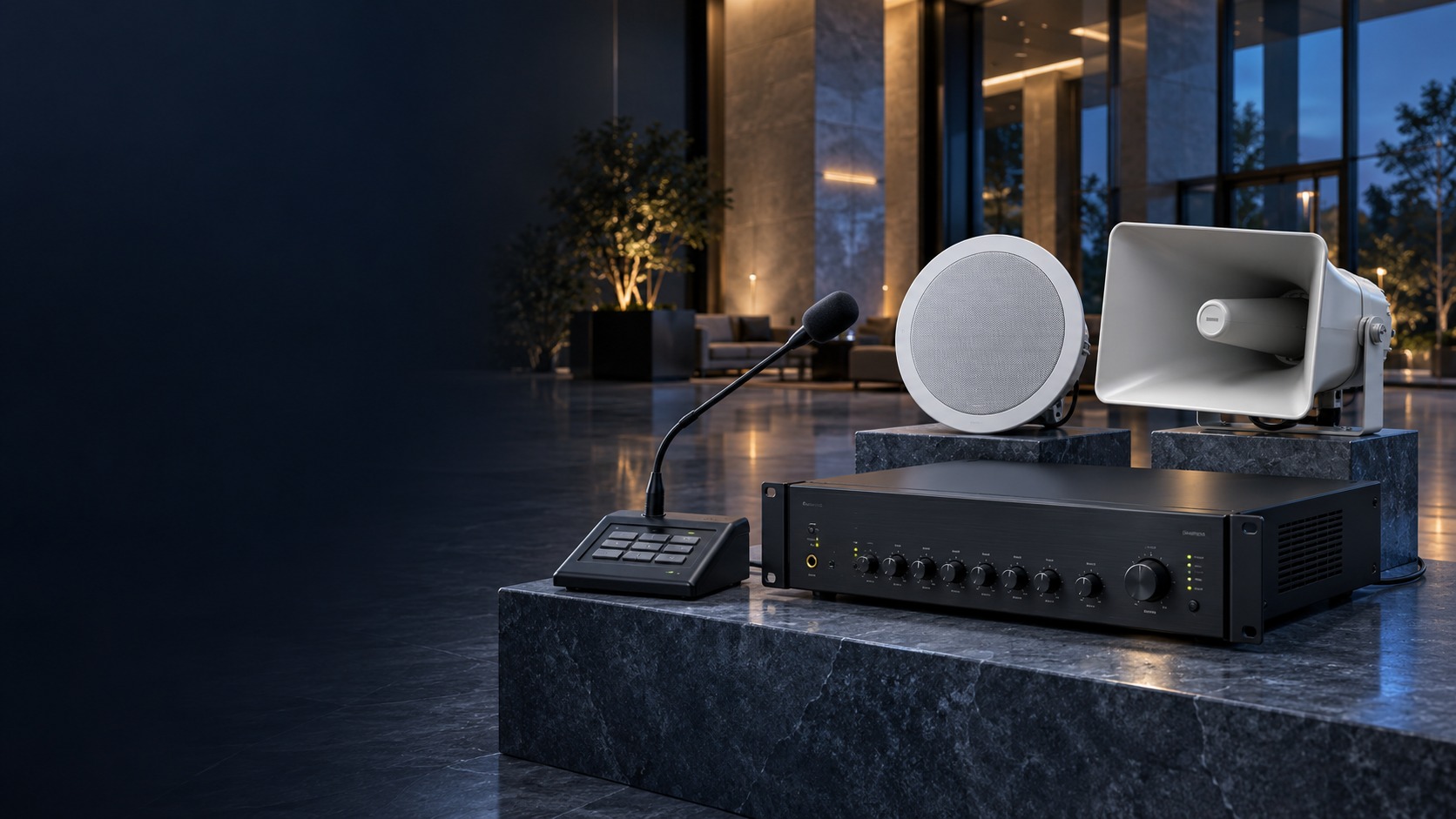 Public-address microphone, amplifier, ceiling speaker and horn speaker (illustration)