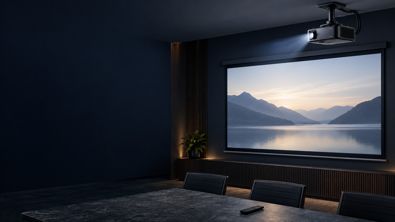 Ceiling-mounted projector and projection screen in a training room (illustration)