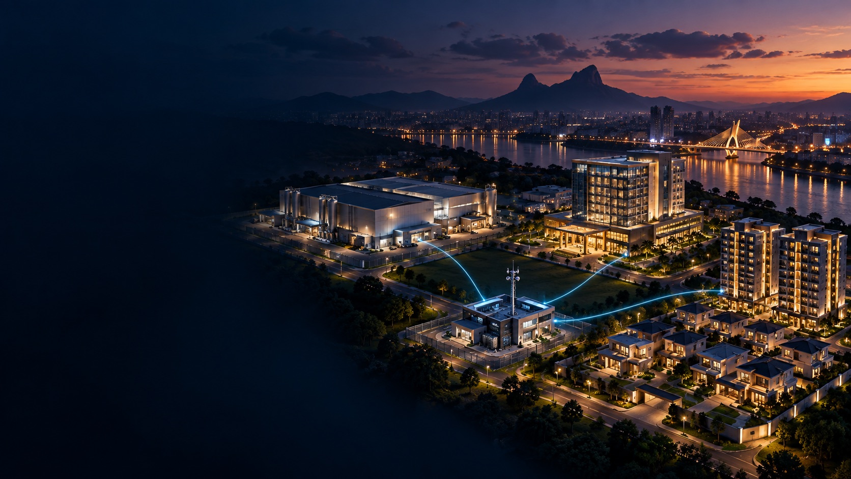 Aerial scene of connected commercial and residential buildings at dusk (illustration)