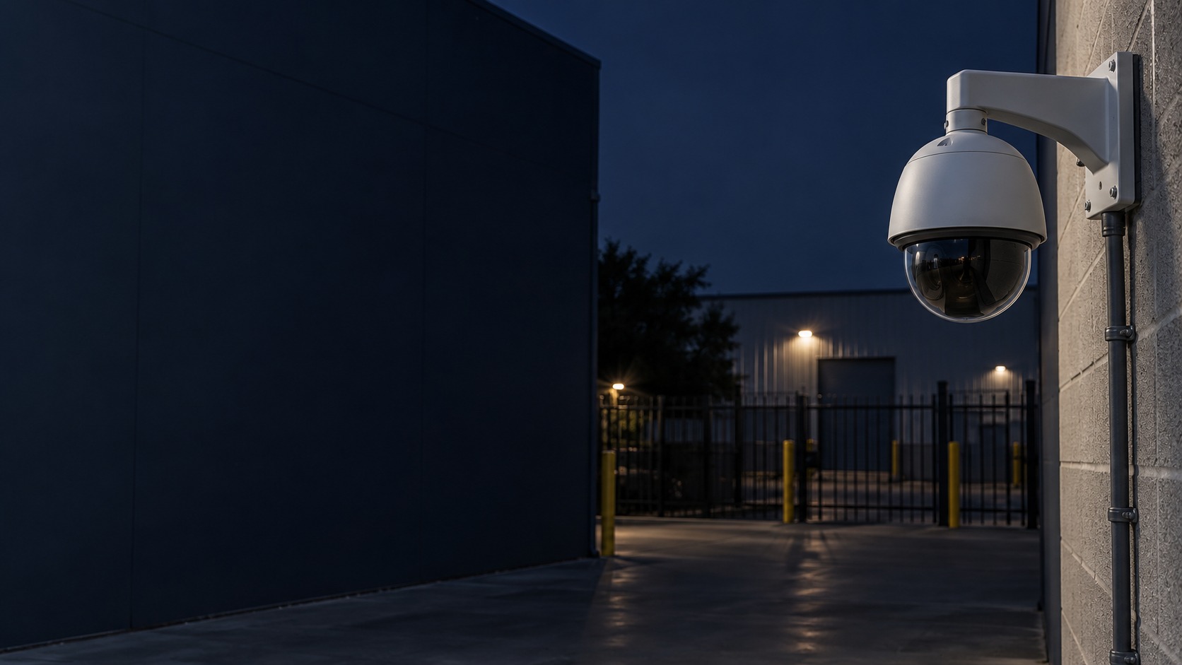 Wall-mounted PTZ camera in a commercial yard – PTZ & Auto Tracking CCTV in Kuching & Sarawak (illustration)