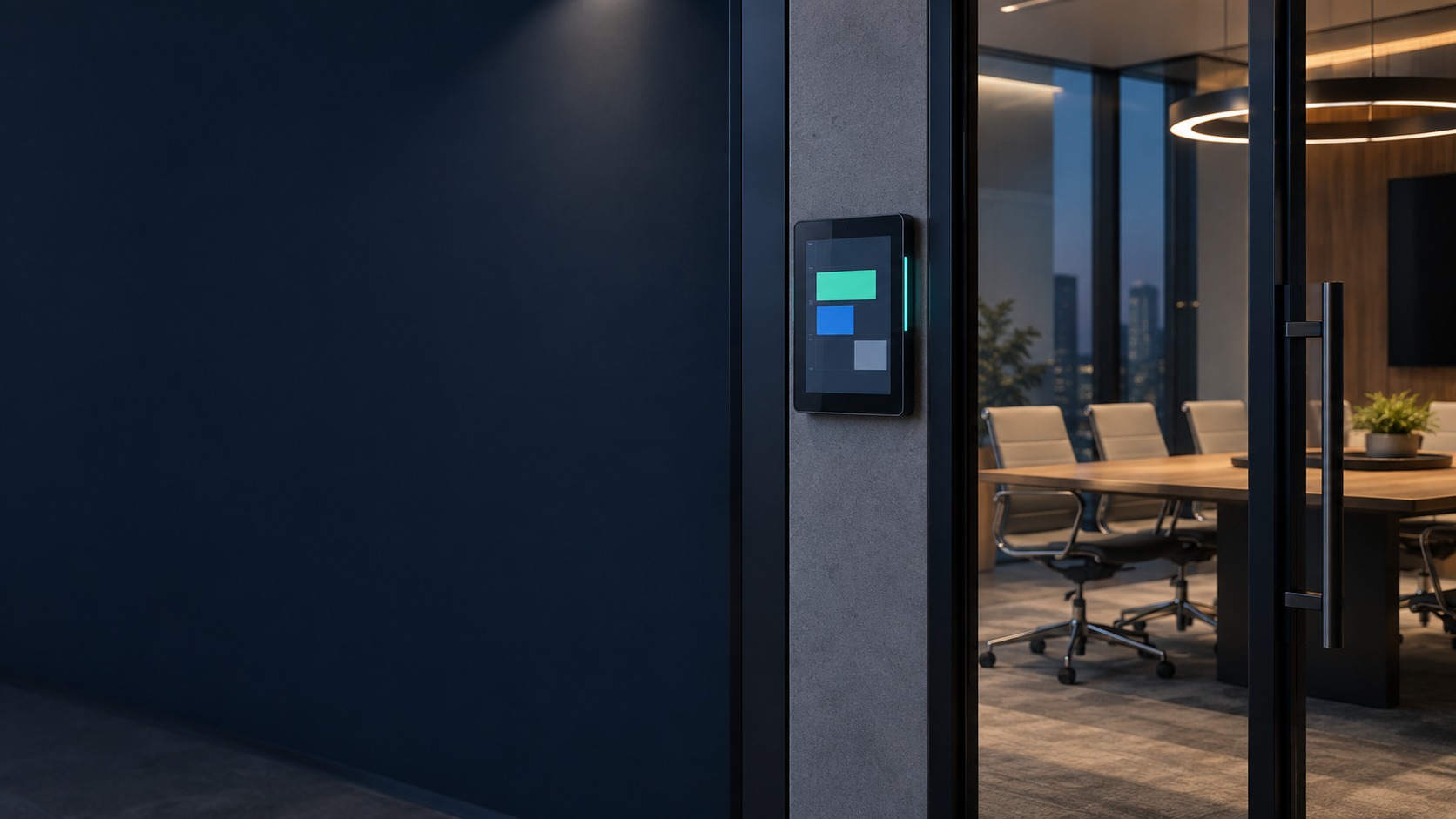 Doorway scheduling tablet – Room Booking & AV Control in Kuching & Sarawak (illustration)